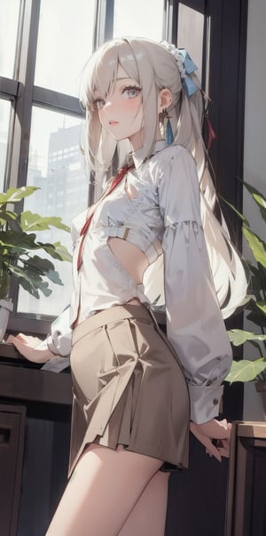 a girl in the office, 22 years old, plant, window, Sexy photo, ((best quality)), ((intricate details)), ((surreal)), H, milf, view, Very detailed, illustration, 1 girl, ((small breasts)), perfect hands, Detailed fingers, Beautiful and delicate eyes, long hair, brown eyes,slim legs, (business attire:1.2), open office shirt, tight skirt, black collar, earrings, , Detailed background, bedroom, perfect eyes, Seductive eyes, looking at the audience, from below,line anime,High detailed