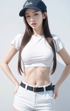 (Best Quality), (Masterpiece), (High), Illustrated, Original, Very Detailed, 1 Girl, Solo, Hat, Shorts, Big breast,long Hair, Whistle, Long Legs, Wrist Straps, Baseball Hat, Navel, Long Hair, Abdomen, Shorts, Belt, Shirt, Hand on Hips, Lips, White Shorts, White Background, Blue Long Legs, Looking at the Audience, Tie Shirt, Simple Background