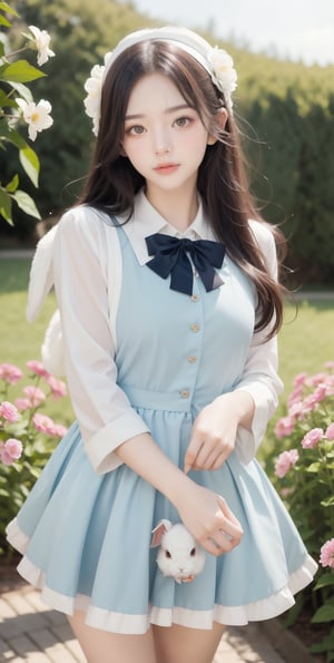 (8K UHD), 1girl, Alice in Wonderland Cosplayer, Cute Young Girl, Random Color eyes, 21 years old, Jailbeit girl, Beautiful face, She is holding a stuffed rabbit with floppy ears in her hand, look at viewer, Never ending flower (dynamic angle, dynamic pose)