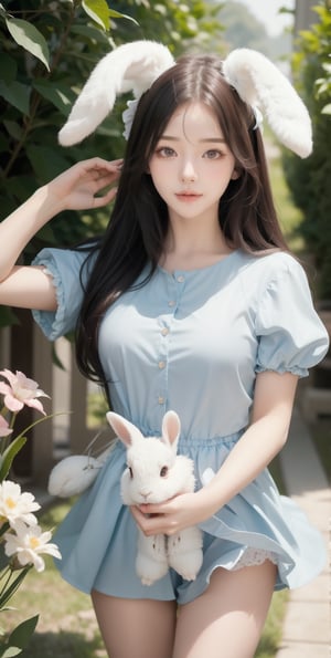 (8K UHD), 1girl, Alice in Wonderland Cosplayer, Cute Young Girl, Random Color eyes, 21 years old, Jailbeit girl, Beautiful face, She is holding a stuffed rabbit with floppy ears in her hand, look at viewer, Never ending flower (dynamic angle, dynamic pose)