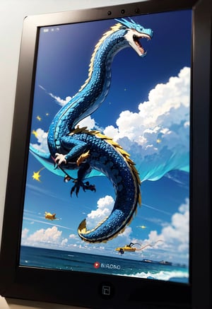 Cute asian dragon flying in the sky flying in the sky,Asian blue dragon flying across the vast ocean horizon, epic daylight, solo, dynamic angle,aw0k euphoric style, Text(“Welcome 2024”) is written in gold at the top left of the screen.,Cutetoo