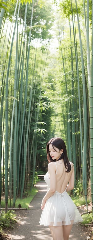 This photo, likely taken by a contemporary artist, shows a woman wearing an exquisite backless white tulle dress. The composition is very balanced. Shot from an elevated angle, the woman's position is slightly off-center. She gazes back with a smile, bathed in natural light filtering through a tunnel of towering, dense bamboo groves. The background is a dense bamboo forest, creating a tranquil and mysterious atmosphere. Sunlight passes through the leaves, casting dreamlike beams of light that highlight the quiet atmosphere and the texture of the plants. The overall scene evokes a sense of calm and connection with nature.