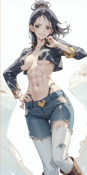 Nico Robin from one piece anime tv series, (pointy breasts:1.2), underboob, rugged and tattered clothing, fit abs, wide hips, smirk, Futurism, white_background, [wide shot], navel, hands_on_hips, boots, only Character, [wide shot],