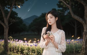 ((A breathtaking scene of a serene night where a mesmerizing woman delicately caresses wild flowers with her gentle hands, accompanied by the enchanting glow of fireflies.)) ,((night)), The artwork should showcase the beauty and tranquility of the moment captured in a realistic and detailed style. with a touch of magical realism. High-resolution image (6k) preferred for optimal visual impact. ,Seolah