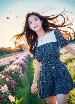 A dreamy girl in a short dress is looking up at the sky while walking through a field of wild flowers, with a breeze blowing during sunset, wind blown long hair, wind blown flower petals everywhere, watercolor illustration, anime style of a 19 years old girl with sparkling blue eyes and a gentle smile Portrait,Eunji