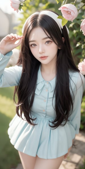 (8K UHD), 1girl, Alice in Wonderland Cosplayer, Cute Young Girl, Random Color eyes, 21 years old, Jailbeit girl, Beautiful face, She is holding a stuffed rabbit with floppy ears in her hand, look at viewer, Never ending flower (dynamic angle, dynamic pose)