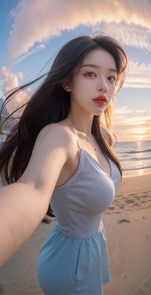 xxmix_girl,a woman takes a fisheye selfie on a beach at sunset, the wind blowing through her messy hair. The sea stretches out behind her, creating a stunning aesthetic and atmosphere with a rating of 1.2.,xxmix girl woman, futanari, close up, fisheye selphie, ,Hayoon,Narin