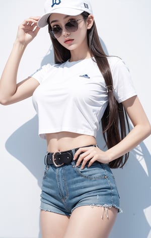 (Best Quality), (Masterpiece), (High), Illustrated, Original, Very Detailed, 1 Girl, Solo, Hat, Shorts, Big breast,long Hair, Whistle, Long Legs, Wrist Straps, Baseball Hat, Navel, Long Hair, Abdomen, Shorts, Belt, Shirt, Hand on Hips, Lips, White Shorts, White Background, Blue Long Legs, Looking at the Audience, Tie Shirt, Simple Background, tight booty, booty_pants,tight_clothes,Sara,1 girl ,solo,beauty