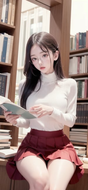 (score_9, score_8_up), score_7_up, head to hips view, tiny, slender, librarian sitting, reading a book in the dark corner of the library, eye_glasses, extra long blonde wavy hair, luxurious and voluminous, (dark red micro skirt:1.1), (white panties:1.1), pov,