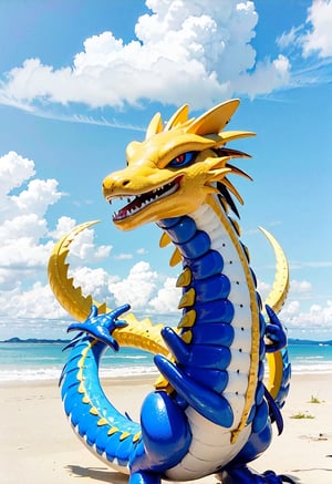 Cute asian dragon flying in the sky flying in the sky,Asian blue dragon flying across the vast ocean horizon, epic daylight, solo, dynamic angle,aw0k euphoric style, Text(“Welcome 2024”) is written in gold at the top left of the screen.,Cutetoo