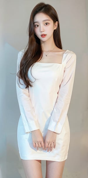 bdress, 21 years old korean girl in a long ball dress, long sleeve, Detailed_face, gray_background, photo-realistic, photo studio, ,perfect light, cowboy_shot ,Yewon