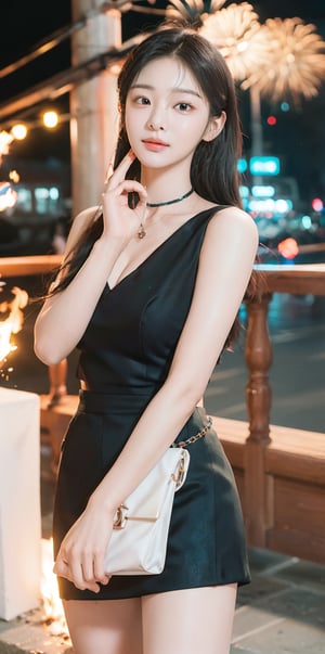 1 girl, detailed face, a woman with long black hair, smile, (((Nsfw))), outdoor scene, (night light), led lighting, magnificent light, ((fire works)), close up, portrait, upperbody, RAW, (intricate details:1.3), (best quality:1.3), (masterpiece:1.3), (hyper realistic:1.3), best quality, 1 girl, ultra-detailed, ultra high resolution, very detailed mphysically based rendering, dynamic angle, dynamic pose, wind, 8K UHD, Vivid picture, High definition, intricate details, detailed texture, finely detailed, high detail, extremely detailed cg, High quality shadow, a realistic representation of the face, beautiful detailed, (high detailed skin, skin details), slim waist, beautiful and realistic and detailed hands and fingers:1, best ratio four finger and one thumb, (detailed face, detailed eyes, beautiful face), ((korean beauty, kpop idol, ulzzang, korean celebrity, korean cute, korean actress, korean, a beautiful 18 years old beautiful korean girl)), (high detailed skin, skin details), Detailed beautiful delicate face, Detailed beautiful delicate eyes, a face of perfect proportion, (beautiful and realistic and detailed hands and fingers:1.3), (Big breasts:1.3), (full body shot:1.3), (long legs:1.3), (sparkling eyes:1.3), (sparkling lips:1.3), taken by Canon EOS, SIGMA Art Lens 35mm F1.4, ISO 200 Shutter Speed 2000, Vivid ((korean beauty, kpop idol, ulzzang, korean celebrity, korean cute, korean actress, korean, 인스타 여신:1.3, a beautiful 18 years old beautiful korean girl)), (blue eye), (black long hair),chanel_jewelry, chanel_bag, vancleef_necklace,Nice legs and hot body, see-through,hourglass bodyshape ,JeeSoo ,photorealistic