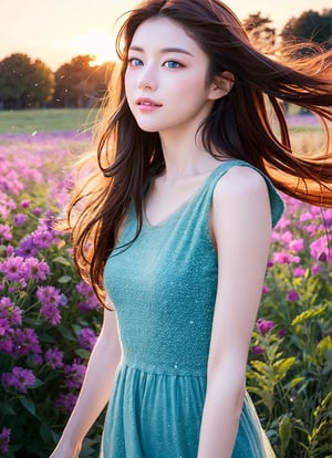 A dreamy girl in a short dress is looking up at the sky while walking through a field of wild flowers, with a breeze blowing during sunset, wind blown long hair, wind blown flower petals everywhere, watercolor illustration, anime style of a 19 years old girl with sparkling blue eyes and a gentle smile Portrait,Eunji