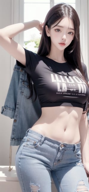 1 girl , solo, Hani, realistic, (HDR:1.4), {beautiful and detailed eyes}, glossy lips, perfect body, lean body, long legs, Glamor body type, delicate facial features, Sexy Pose, ((a girl wearing t-shirts and short jeans)), ear_rings, full_body,