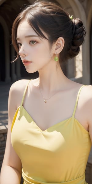 (Masterpiece:1.1), (Photorealistic:1.1), (8K resolution:1.1), (Ultra High Quality, Incredibly Detailed, Perfect anatomy, RAW), 1girl, hair bun, medieval mood, green earrings, yellow dress, 