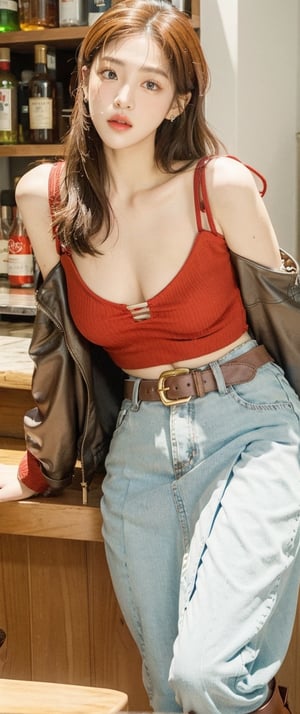 1girl, korean supermodel, solo, has thick ((white long hair)), red leather jacket hangs down naturally, revealing her natural huge breasts, looking at the audience, wearing a high-shoulder sleeveless skirt, a red belt, bare shoulders, wearing a gold Earrings, red high-heeled leather boots, perfect long legs, bright blue eyes, heavy makeup and red lips, she sat at the bar.