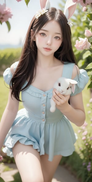 (8K UHD), 1girl, Alice in Wonderland Cosplayer, Cute Young Girl, Random Color eyes, 21 years old, Jailbeit girl, Beautiful face, She is holding a stuffed rabbit with floppy ears in her hand, look at viewer, Never ending flower (dynamic angle, dynamic pose)