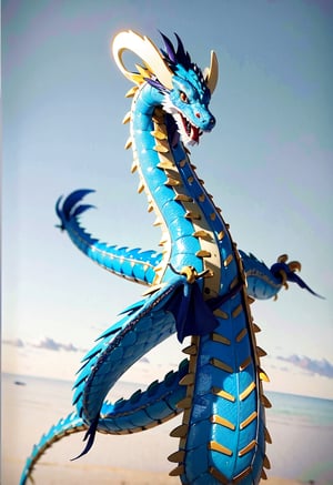 Cute asian dragon flying in the sky flying in the sky,Asian blue dragon flying across the vast ocean horizon, epic daylight, solo, dynamic angle,aw0k euphoric style, Text(“Welcome 2024”) is written in gold at the top left of the screen.,Cutetoo