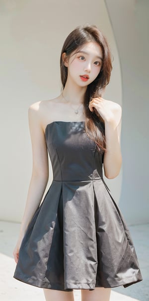 bdress, 21 years old korean girl in a flare dress. Detailed_face, gray_background, photo-realistic, photo studio, ,perfect light, cowboy_shot ,Yewon