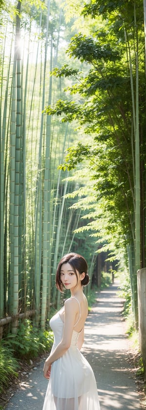 This photo, likely taken by a contemporary artist, shows a woman wearing an exquisite backless white tulle dress. The composition is very balanced. Shot from an elevated angle, the woman's position is slightly off-center. She gazes back with a smile, bathed in natural light filtering through a tunnel of towering, dense bamboo groves. The background is a dense bamboo forest, creating a tranquil and mysterious atmosphere. Sunlight passes through the leaves, casting dreamlike beams of light that highlight the quiet atmosphere and the texture of the plants. The overall scene evokes a sense of calm and connection with nature.