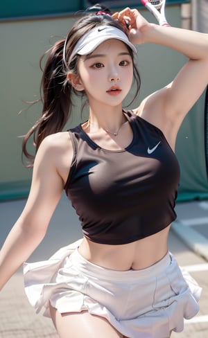 {{she is smashing the ball with tennis racket}}, [She is : ((25 years old beautiful female bodyguard with a healthy and strong body), (perfect body shape:1.3), (perfect cute face:1.3)), (mid-lenth black hair:1.3), (sexy horny cute face:1.2))]. (tennis smashing:1.5), (sexy:1.5), (dynamic:1.5), (sexy tennis skirt and shirt:1.5)