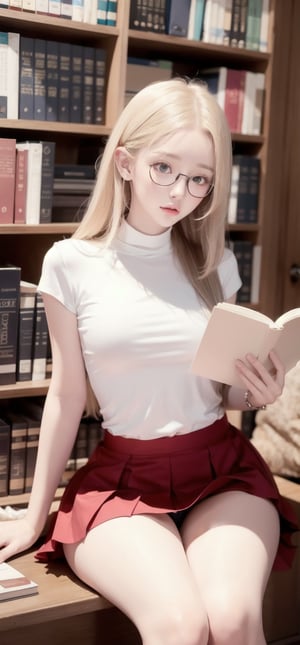 (score_9, score_8_up), score_7_up, head to hips view, tiny, slender, librarian sitting, reading a book in the dark corner of the library, eye_glasses, extra long blonde wavy hair, luxurious and voluminous, (dark red micro skirt:1.1), (white panties:1.1), pov,