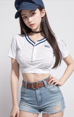 (Best Quality), (Masterpiece), (High), Illustrated, Original, Very Detailed, 1 Girl, Solo, Hat, Shorts, Big breast,long Hair, Whistle, Long Legs, Wrist Straps, Baseball Hat, Navel, Long Hair, Abdomen, Shorts, Belt, Shirt, Hand on Hips, Lips, White Shorts, White Background, Blue Long Legs, Looking at the Audience, Tie Shirt, Simple Background