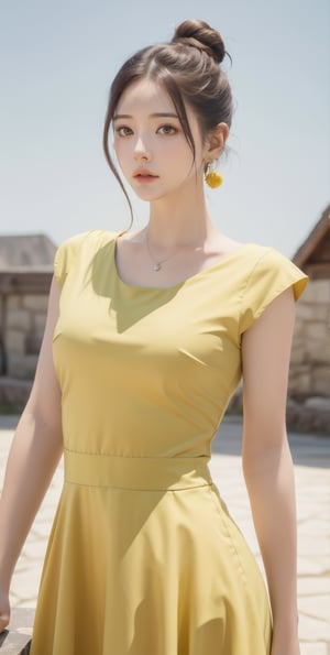 (Masterpiece:1.1), (Photorealistic:1.1), (8K resolution:1.1), (Ultra High Quality, Incredibly Detailed, Perfect anatomy, RAW), 1girl, hair bun, medieval mood, green earrings, yellow dress, 