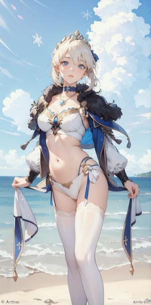 (Masterpiece, Top Quality, Best Quality, Official Art, Beauty & Aesthetics: 1.2), hdr, high contrast, wide angle lens, 1girl, solo, short hair, silver hair, bangs, looking at viewer, relaxed expression, obvious blue eyes, long light eyebrows, soft makeup, gradient lips, big breasts, hourglass figure, long fingers, belly button, realistic illustrations, (Soothing tone: 1.3), (Super detailed: 1.2), outdoors, (front:1.3), cloud, sky, seaside background,(standing:1.3), FateGrand Order, cosplay, jewelry, artoria pendragon, \(fate\), necklace, choker, snowflakes, short hair, thighhighs, FateGrand Order, artoria