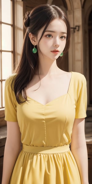 (Masterpiece:1.1), (Photorealistic:1.1), (8K resolution:1.1), (Ultra High Quality, Incredibly Detailed, Perfect anatomy, RAW), 1girl, hair bun, medieval mood, green earrings, yellow dress, 