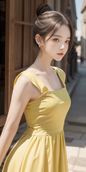 (Masterpiece:1.1), (Photorealistic:1.1), (8K resolution:1.1), (Ultra High Quality, Incredibly Detailed, Perfect anatomy, RAW), 1girl, hair bun, medieval mood, green earrings, yellow dress, 