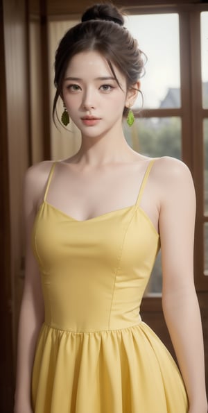 (Masterpiece:1.1), (Photorealistic:1.1), (8K resolution:1.1), (Ultra High Quality, Incredibly Detailed, Perfect anatomy, RAW), 1girl, hair bun, medieval mood, green earrings, yellow dress, 