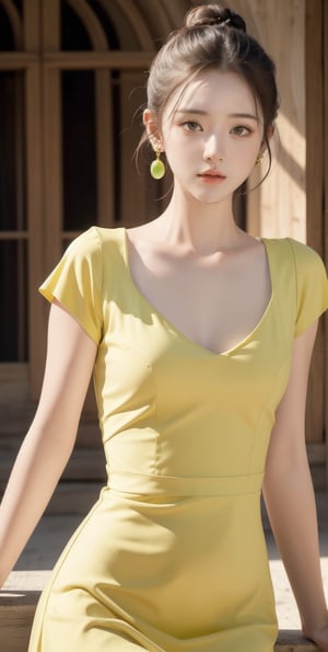 (Masterpiece:1.1), (Photorealistic:1.1), (8K resolution:1.1), (Ultra High Quality, Incredibly Detailed, Perfect anatomy, RAW), 1girl, hair bun, medieval mood, green earrings, yellow dress, 