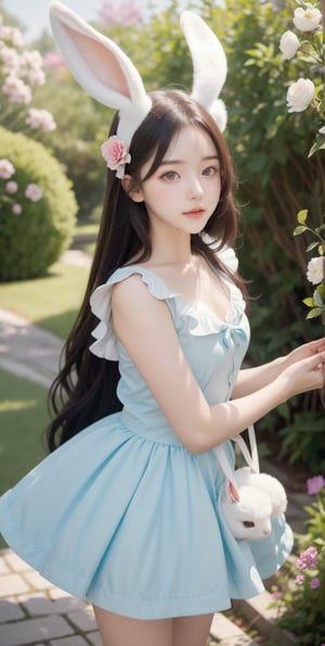 (8K UHD), 1girl, Alice in Wonderland Cosplayer, Cute Young Girl, Random Color eyes, 21 years old, Jailbeit girl, Beautiful face, She is holding a stuffed rabbit with floppy ears in her hand, look at viewer, Never ending flower (dynamic angle, dynamic pose)