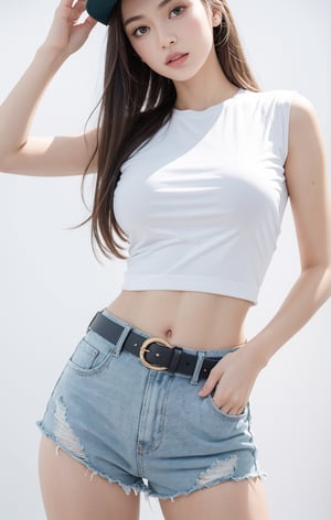 (Best Quality), (Masterpiece), (High), Illustrated, Original, Very Detailed, 1 Girl, Solo, Hat, Shorts, Big breast,long Hair, Whistle, Long Legs, Wrist Straps, Baseball Hat, Navel, Long Hair, Abdomen, Shorts, Belt, Shirt, Hand on Hips, Lips, White Shorts, White Background, Blue Long Legs, Looking at the Audience, Tie Shirt, Simple Background, tight booty, tight_clothes