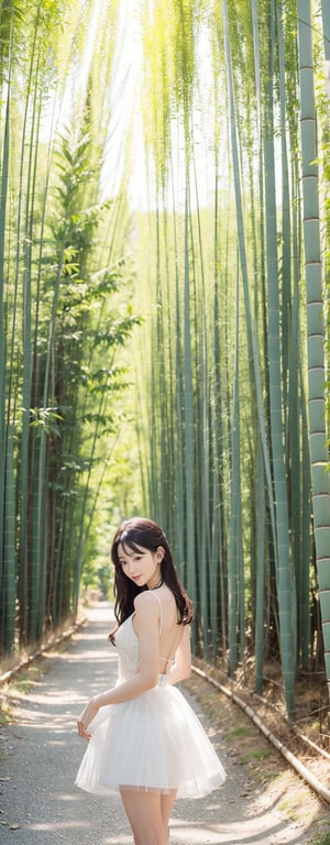 This photo, likely taken by a contemporary artist, shows a woman wearing an exquisite backless white tulle dress. The composition is very balanced. Shot from an elevated angle, the woman's position is slightly off-center. She gazes back with a smile, bathed in natural light filtering through a tunnel of towering, dense bamboo groves. The background is a dense bamboo forest, creating a tranquil and mysterious atmosphere. Sunlight passes through the leaves, casting dreamlike beams of light that highlight the quiet atmosphere and the texture of the plants. The overall scene evokes a sense of calm and connection with nature.