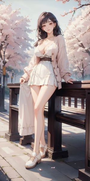 ((RAW photo:1.2)), white blouse, pink pleats Skirt, white shoes, red cardigan, open button, earrings, hime cut, collarbone, sitting the bench, a walk in the park, sakura, cherry blossom, real art, (masterpiece), (best quality), highres, korea girl, 8k, (realistic, photo-realistic:1.4), (korean idol:1.2), ((beauty 19 year old)), naturalness, ultra detailed, physically-based rendering, beauty, detailed beautiful eyes and detailed face, large breasts, delicate facial features, Blunt bangs, mixed American Korean actress, sexy Korean female idol-type face, natural and detailed Handsome beauty doll face, ((Peaceless beauty face: 1.2)), an expressionless face, 19yo, Glamor body type, flim grain, perfect dynamic composition, beautiful detailed eyes, asian girl, (big breasts:1.3), (long legs:1.9), FilmGirl, (Clean makeup), (Clean facial skin:1.2), big breast, big windows,