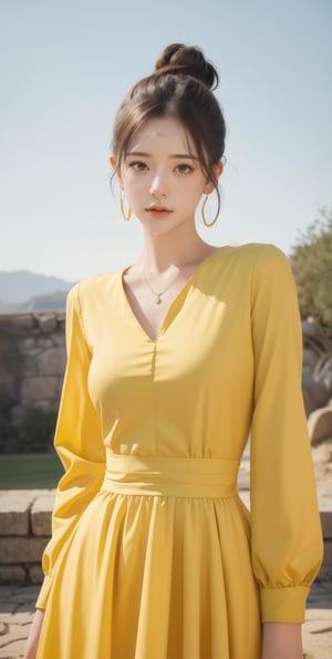 (Masterpiece:1.1), (Photorealistic:1.1), (8K resolution:1.1), (Ultra High Quality, Incredibly Detailed, Perfect anatomy, RAW), 1girl, hair bun, medieval mood, green earrings, yellow dress, 