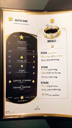 , Background: The entire menu is wrapped in golden glitter, creating a feeling of luxury and exclusivity. Text: Information such as coffee, tea, boba, food, and prices are expressed in elegant fonts with gold foil stamping. (((The text is clearly placed and legible))). Logo and menu hours, date. Additionally, perks may include upgrades to VIP seats and discounts on movie-related goods., ((menu)), (((upper_body only))),(((in rectangular frame))),digital illustration, comic style, perfect anatomy, centered, approaching perfection, dynamic, highly detailed, (((menu design))), artstation, concept art, smooth, sharp focus, illustration, (((girl inside star ring menu:1.4))),1girl, solo, smile, side_tail, large breasts, looking at viewer, blue eyes, black hair, hair ornament, (cafe shirt), ((("See You Soon"and "Recommended" text))),barista, cook hat, apron,,,short sleeves, dress, ribbon, heart, clover, ((glowing)), cleavage, (((face only))), (close_up))),, shadow, (((menu bevel))), ((menu style gold outlined figure)),Cutetoo, black_background, (((waist_up)))