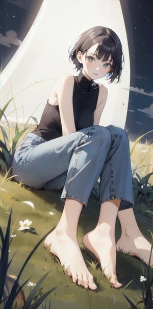 [1girl:4], [mature female:4], [pale skin:4], [short hair:4], [black hair:4], [small breast:4], [black shirt:4], [turtleneck:4], [sleeveless turtleneck:4], [bare shoulder:4], [blue jean:4], [long pants:4], [bare feet:4], night, [grass field:1], masterpiece, best quality, ultra detailed, highres 