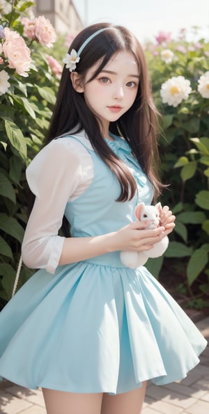 (8K UHD), 1girl, Alice in Wonderland Cosplayer, Cute Young Girl, Random Color eyes, 12 years old, Jailbeit girl, Beautiful face, She is holding a stuffed rabbit with floppy ears in her hand, look at viewer, Never ending flower (dynamic angle, dynamic pose)