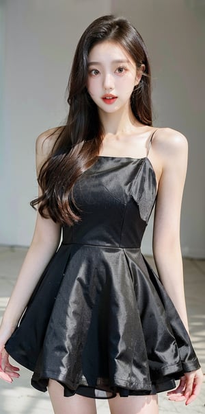 bdress, 21 years old korean girl in a flare dress. Detailed_face, gray_background, photo-realistic, photo studio, ,perfect light, cowboy_shot ,Yewon