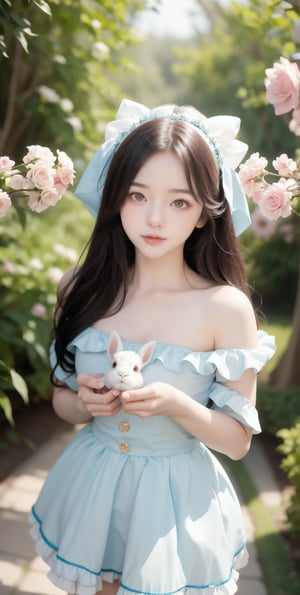 (8K UHD), 1girl, Alice in Wonderland Cosplayer, Cute Young Girl, Random Color eyes, 21 years old, Jailbeit girl, Beautiful face, She is holding a stuffed rabbit with floppy ears in her hand, look at viewer, Never ending flower (dynamic angle, dynamic pose)