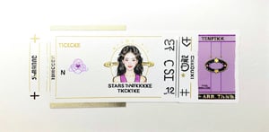 , Background: The entire ticket is wrapped in golden glitter, creating a feeling of luxury and exclusivity. Text: Information such as movie titles and showtimes are expressed in elegant fonts with gold foil stamping. The text is clearly placed and legible. Illustration: In the center of the ticket, there will be a beautiful golden illustration of the movie's poster illustration and key scenes. This expresses the mood and theme of the film and creates interest for the audience. Bonus: The back of your ticket will have a gold background with the serial number and ticket expiration date. Additionally, perks may include upgrades to VIP seats and discounts on movie-related goods., ((ticket)), (((upper_body only))),(((in squared frame))),digital illustration, comic style, perfect anatomy, centered, approaching perfection, dynamic, highly detailed, (((concert tickets))), artstation, concept art, smooth, sharp focus, illustration, (((girl inside star ring ticket:1.4))),1girl, solo, smile, side_tail, large breasts, looking at viewer, blue eyes, black hair, hair ornament, (pink blouse), ((("See You Soon"and "Admission" text))),,short sleeves, dress, ribbon, heart, clover, ((glowing)), cleavage, (((face only))), (close_up))),, shadow, (((ticket with purple bevel))), ((ticket style gold outlined figure)),Cutetoo, black_background, (((waist_up)))