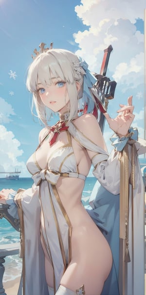 (Masterpiece, Top Quality, Best Quality, Official Art, Beauty & Aesthetics: 1.2), hdr, high contrast, wide angle lens, 1girl, solo, short hair, silver hair, bangs, looking at viewer, relaxed expression, obvious blue eyes, long light eyebrows, soft makeup, gradient lips, big breasts, hourglass figure, long fingers, belly button, realistic illustrations, (Soothing tone: 1.3), (Super detailed: 1.2), outdoors, (front:1.3), cloud, sky, seaside background,(standing:1.3), FateGrand Order, cosplay, jewelry, artoria pendragon, \(fate\), necklace, choker, snowflakes, short hair, thighhighs, FateGrand Order, artoria