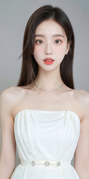 bdress, 21 years old korean girl in a dress. Detailed_face, gray_background, photo-realistic, photo studio, 