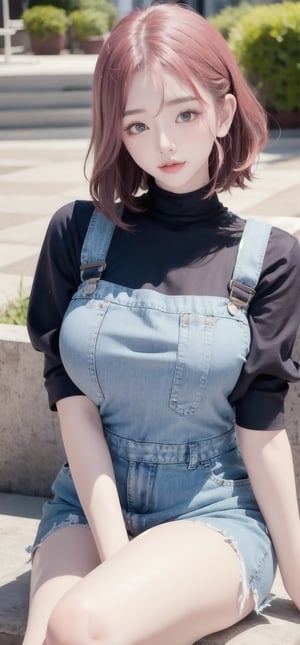 Here's a prompt that combines the input: Render a masterpiece 8k illustration of a stunningly beautiful Korean girl, aged 20, with oversized eyes and a radiant smile directed at the viewer. She sits comfortably in a natural light-filled outdoor setting, surrounded by blurry bokeh. Her short hair is styled in a single side bun, and she wears a pair of denim overalls that accentuate her medium-sized breasts. Perfect fingers grasp an arm support as she looks directly at us, showcasing her gorgeous features. A mole on her cheek adds a touch of whimsy to this super fine illustration, with pink hair subtly framing her face. Capture the subject's best side in a perfect hands-only pose, with a blurry background and depth of field emphasizing her stunning beauty.