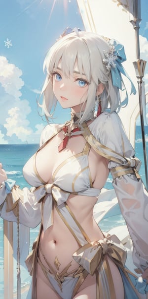 (Masterpiece, Top Quality, Best Quality, Official Art, Beauty & Aesthetics: 1.2), hdr, high contrast, wide angle lens, 1girl, solo, short hair, silver hair, bangs, looking at viewer, relaxed expression, obvious blue eyes, long light eyebrows, soft makeup, gradient lips, big breasts, hourglass figure, long fingers, belly button, realistic illustrations, (Soothing tone: 1.3), (Super detailed: 1.2), outdoors, (front:1.3), cloud, sky, seaside background,(standing:1.3), FateGrand Order, cosplay, jewelry, artoria pendragon, \(fate\), necklace, choker, snowflakes, short hair, thighhighs, FateGrand Order, artoria