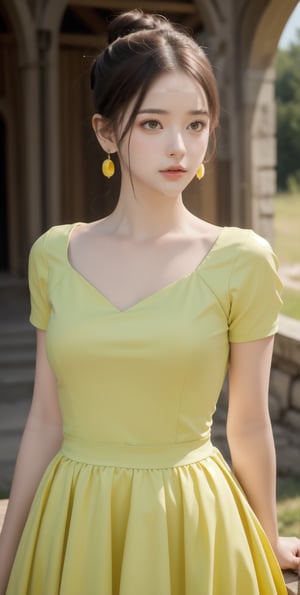 (Masterpiece:1.1), (Photorealistic:1.1), (8K resolution:1.1), (Ultra High Quality, Incredibly Detailed, Perfect anatomy, RAW), 1girl, hair bun, medieval mood, green earrings, yellow dress, 