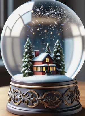 Intricate detailed, Cinematic composition, 8K, sharp focus, distinct_image, delicate and aesthetic, UHD, RAW, REAL WORLD, REALISTIC, Cinematic light, Ray_tracing, concept art, high quality,  (cell shading:1.2), snowglobe, snow globe, simple_background,Snowglobe